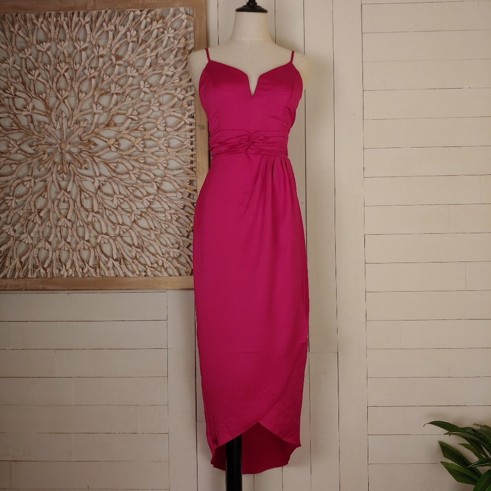 EXPRESS Fuschia Pink V-Wire Satin Hi-Lo Maxi Dress Size S
